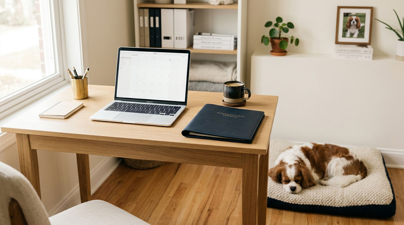 Aufgeräumter Schreibtisch einer Zuchtstätte mit Laptop, Unterlagen und Hund