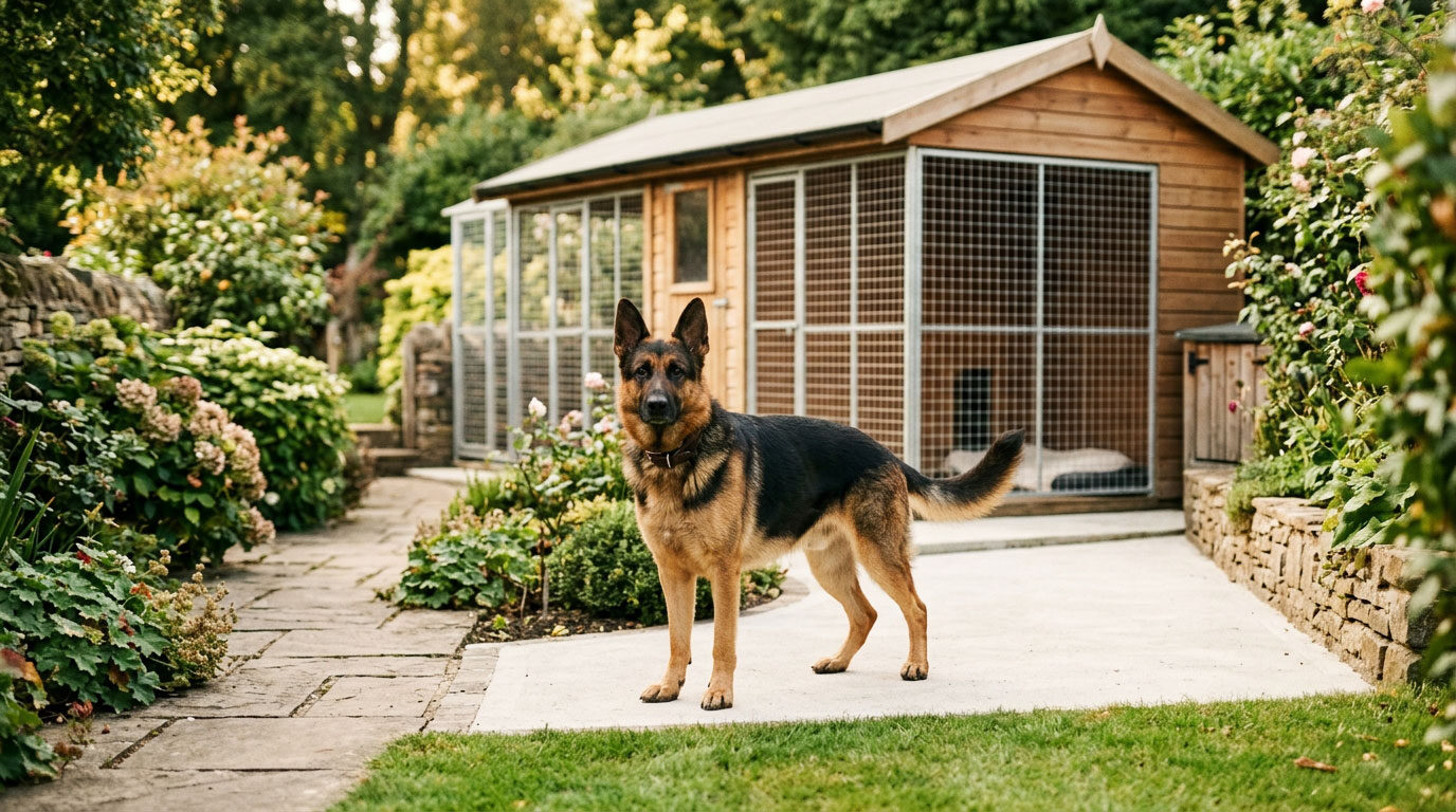 Gepflegter Zwinger mit Hund im Garten einer Zuchtstätte
